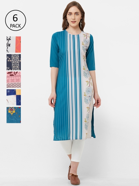 

7Threads Women Pack of 6 Multicoloured Printed Straight Kurtas, Multi