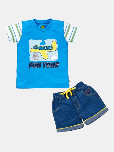 

Pranava Boys Blue Printed Organic Cotton T-shirt with Shorts