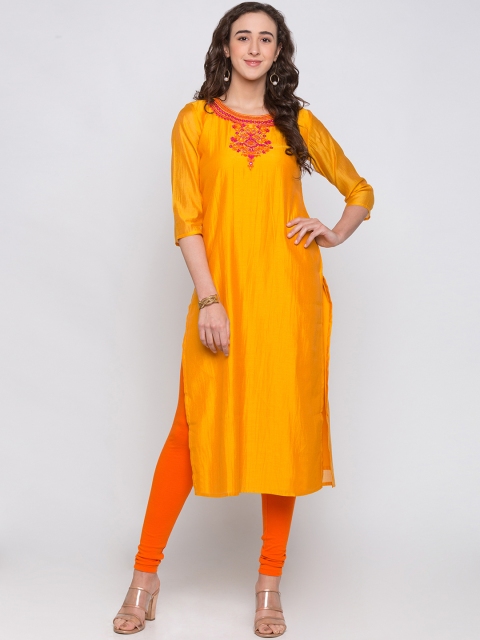

Globus Women Yellow Embroidered Straight Kurta