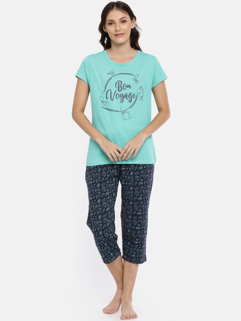 

Ellete Women Sea Green & Navy Blue Printed Night suit