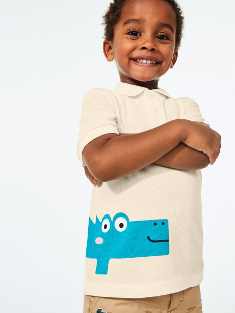 

Lacoste Boys Off-White & Turquoise Blue Crocodile Printed Polo Collar T-shirt