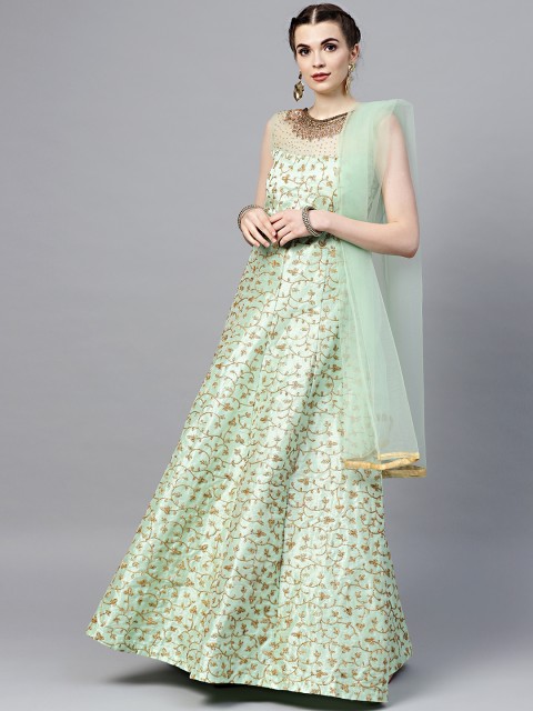 

Chhabra 555 Women Sea Green & Gold-Coloured Embroidered Made-to-Measure Kurta Set