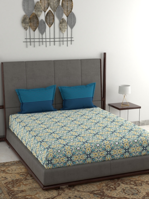 

Trident Blue & Yellow Floral 120 TC Cotton 1 Queen Bedsheet with 2 Pillow Covers