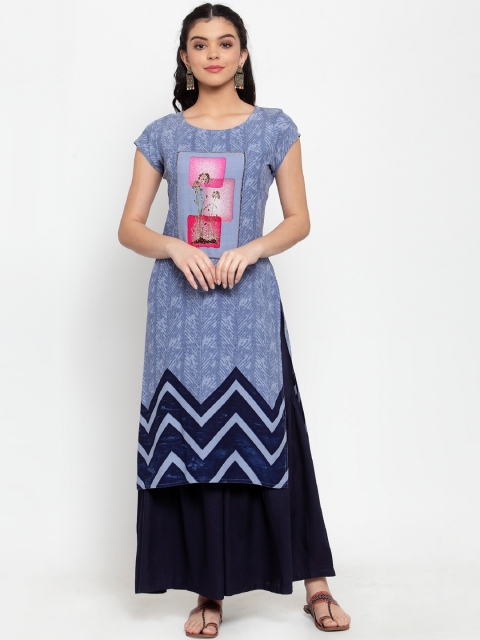 

ANAISA Women Blue Embroidered Kurta with Sharara