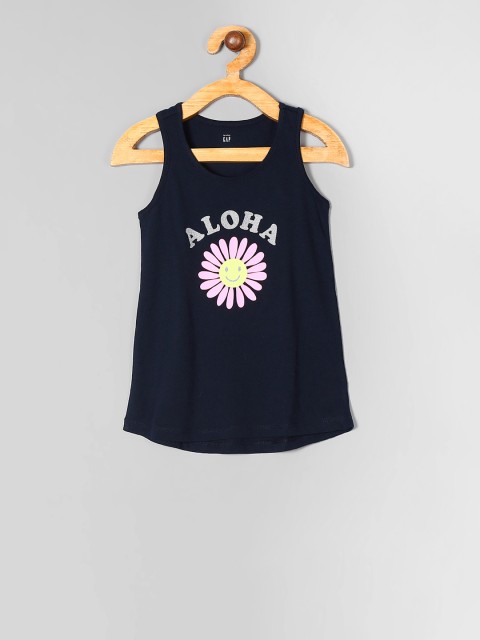 

GAP Girls Navy Blue Printed Tank Pure Cotton Top