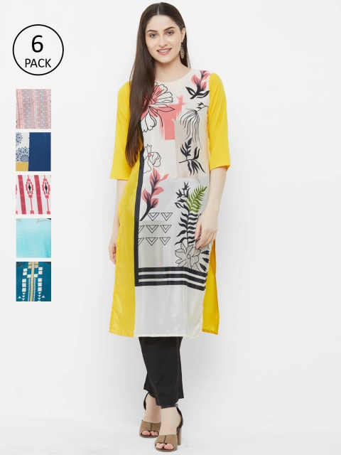 

7Threads Women Pack Of 6 Printed Straight Kurta, Yellow