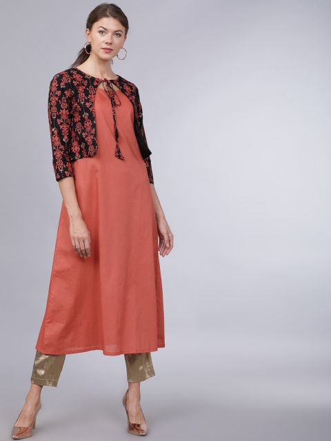 Folklore Women Rust & Black Printed A-Line Kurta With Shrug