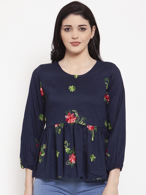 

ANAISA Women Navy Blue Floral Embroidered Peplum Top