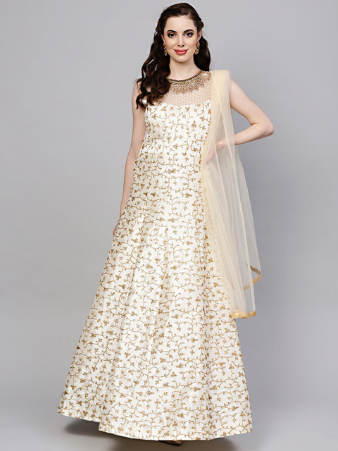 

Chhabra 555 Women Cream & Gold Embroidered Kurta with Churidar & Dupatta