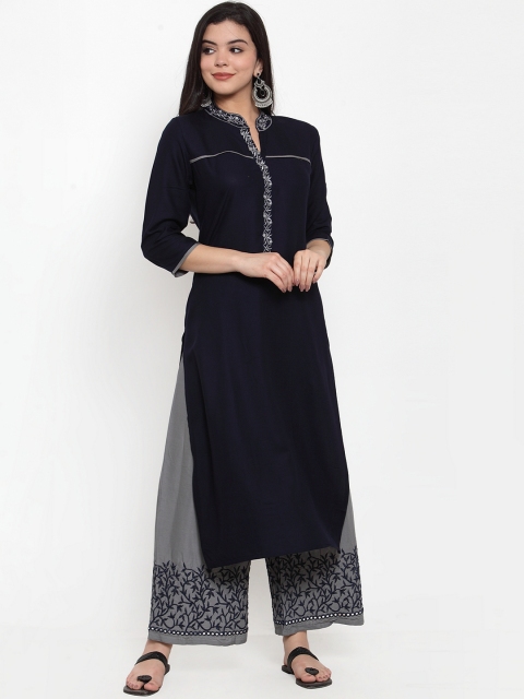 

ANAISA Women Navy Blue & Grey Solid Kurta & Palazzos with Embroidered Detail