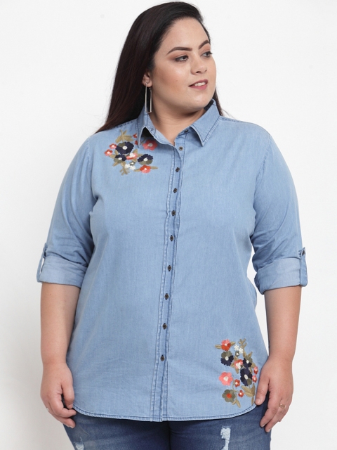 

plusS Women Blue Regular Fit Floral Embroidered Casual Shirt