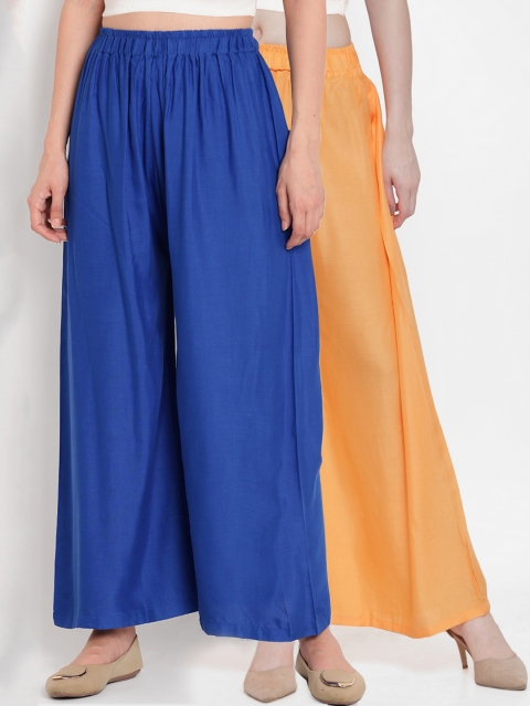 

TAG 7 Women Set Of 2 Orange & Blue Solid Wide Leg Palazzos