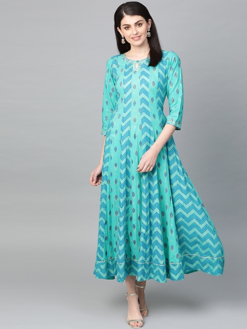 

Ishin Women Blue & Turquoise Blue Printed A-Line Kurta Dress