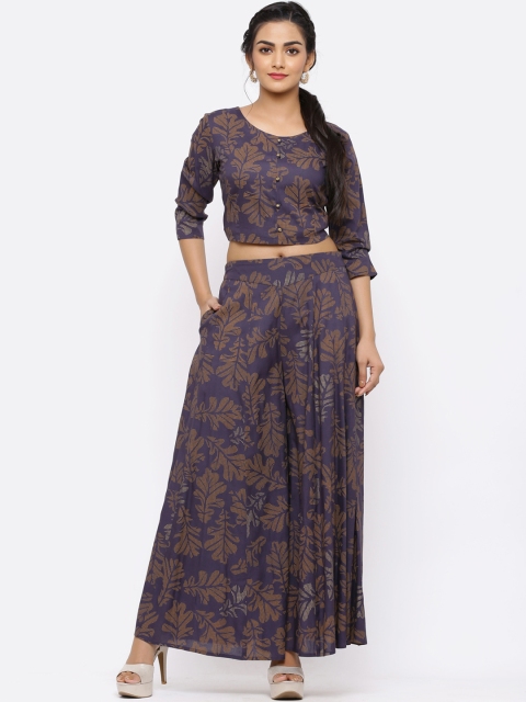 Juniper Women Navy Blue & Mustard Printed Top with Palazzos