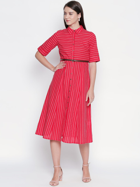 

AKKRITI BY PANTALOONS Women Red & White Striped Shirt Dress