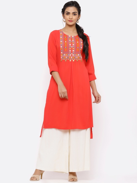 

Juniper Women Coral Red & Yellow Embroidered Straight Kurta