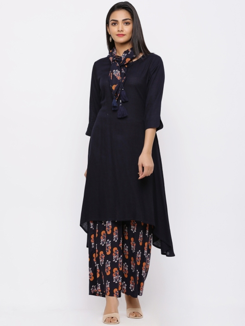 

Juniper Women Navy Blue & Orange Solid Kurta with Palazzos & Dupatta