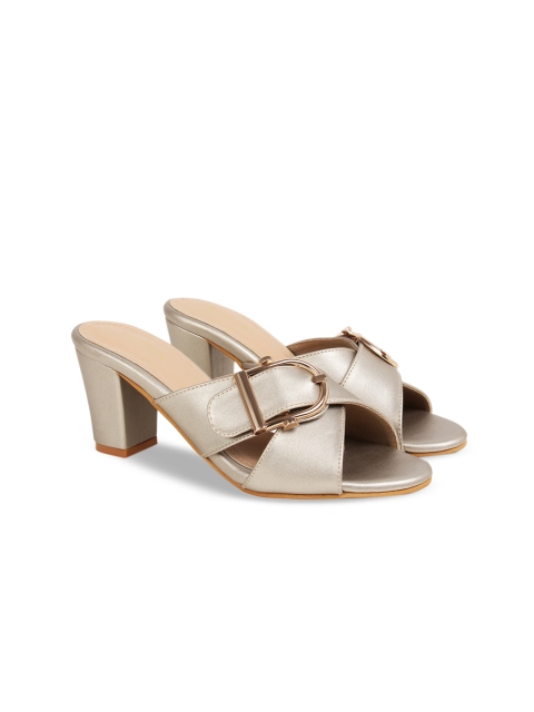 

Rocia Women Gunmetal Solid Heeled Mules With Buckle Detail, Metallic