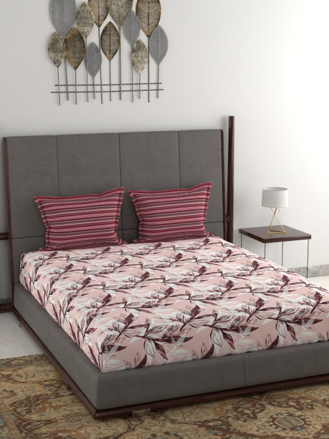

Trident Peach-Coloured & Maroon Floral 144 TC Cotton 1 Queen Bedsheet with 2 Pillow Covers