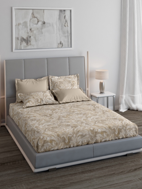 Trident Beige Floral 400 TC Cotton 1 King Bedsheet with 4 Pillow Covers
