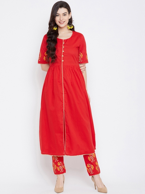 

Tulsattva Women Red Solid Kurta with Trousers