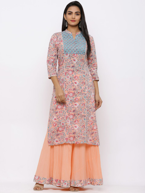 

Juniper Women Peach-Coloured & Blue Printed Kurta with Skirt