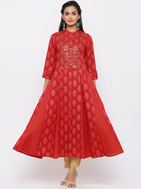 

Juniper Women Maroon & Gold-Toned Printed A-Line Kurta