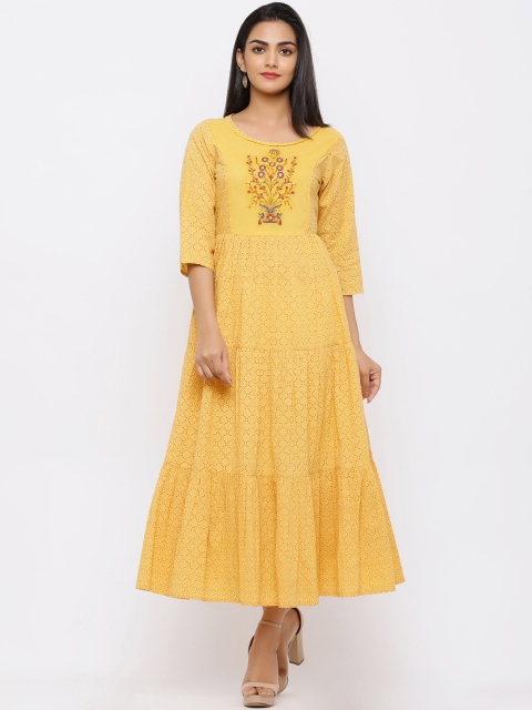 

Juniper Women Mustard Yellow Embroidered Fit and Flare Dress