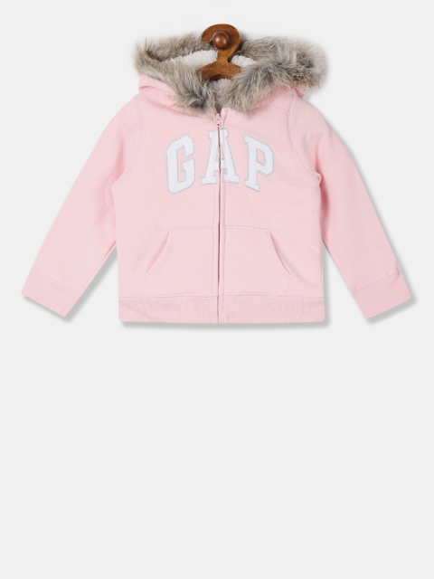 

GAP Girls Pink Brand Logo Printed Faux Fur Hooded Sweatshirt