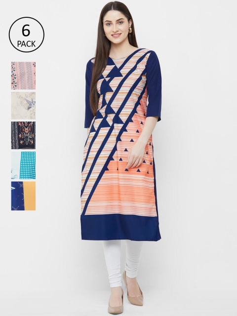 

7Threads Women Pack of 6 Multicoloured Printed Straight Kurtas, Multi