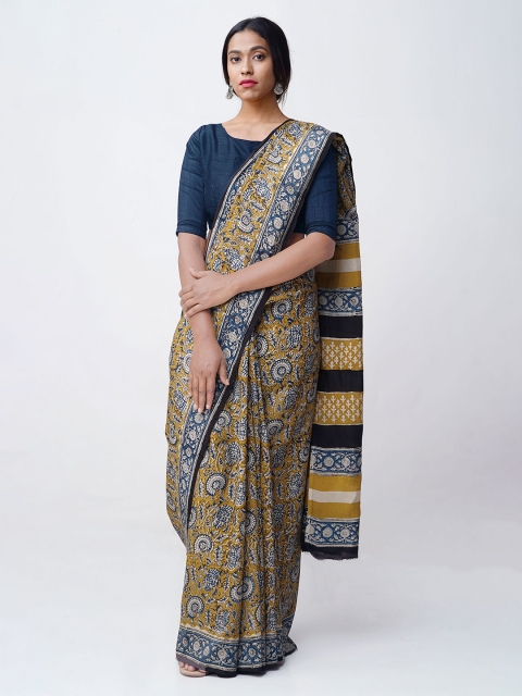 

Unnati Silks Yellow & Blue Art Silk Printed Bagru Handloom Saree