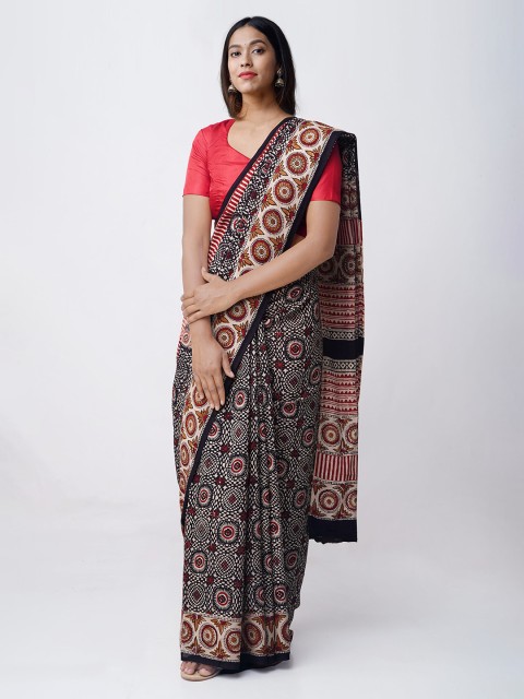 

Unnati Silks Black & Red Pure Cotton Printed Bagru Saree