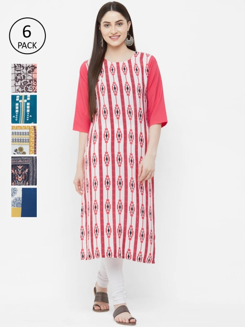 

7Threads Women Pack Of 6 Printed Straight Kurta, Red
