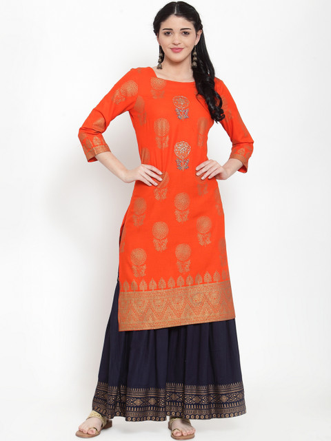 

ANAISA Women Orange & Navy Blue Printed Kurta with Sharara