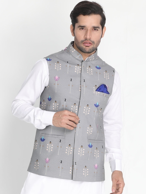 

VASTRAMAY Men Grey Digital Printed Nehru Jacket