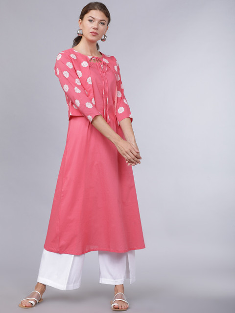 

Folklore Women Pink & White Printed A-Line Kurta With Jacket