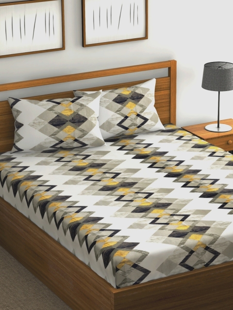 

URBAN SPACE White & Yellow Geometric 200 TC Cotton 1 Queen Bedsheet with 2 Pillow Covers