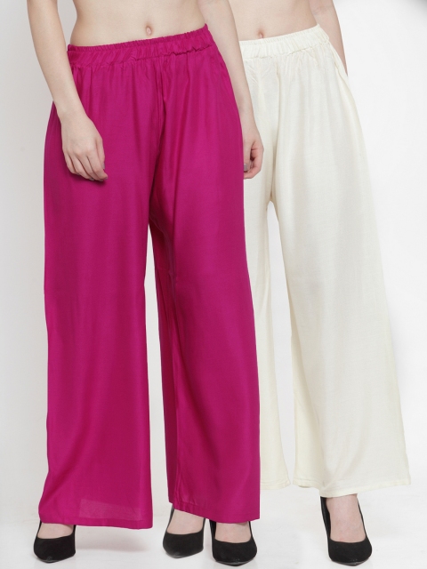 

TAG 7 Women Pack Of 2 Magenta & Off-White Solid Flared Palazzos
