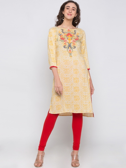 

Globus Women Off-White & Yellow Printed Straight Kurta