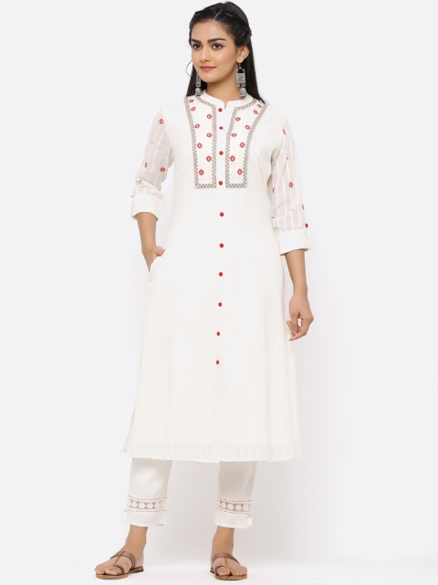 

Juniper Women Off-White & Yellow Yoke Design A-Line Kurta