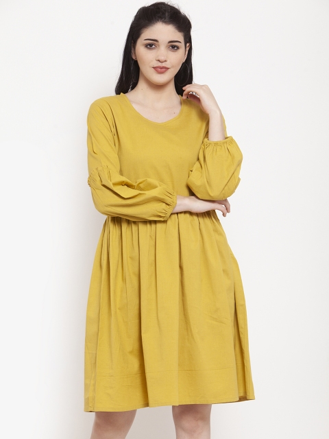 

ANAISA Women Mustard Yellow Solid Fit and Flare Dress