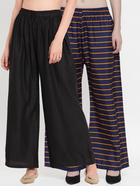 

TAG 7 Women Set Of 2 Black & Navy Blue Wide Leg Palazzos