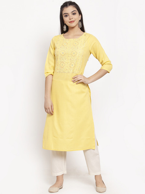 

ANAISA Women Lemon Yellow Embroidered Straight Kurta