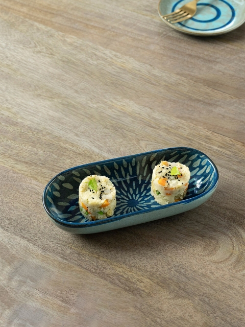 

ellementry Blue Indigo Stamp Oval Ceramic Platter