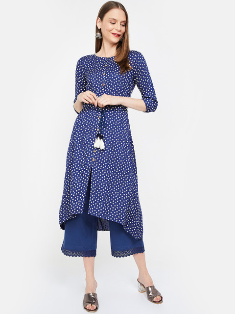 

Colour Me by Melange Women Navy Blue & Off-White Printed A-Line Kurta