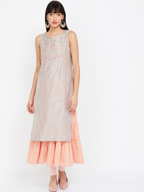 

Melange by Lifestyle Women Grey & Peach-Coloured Embroidered Layered A-Line Kurta