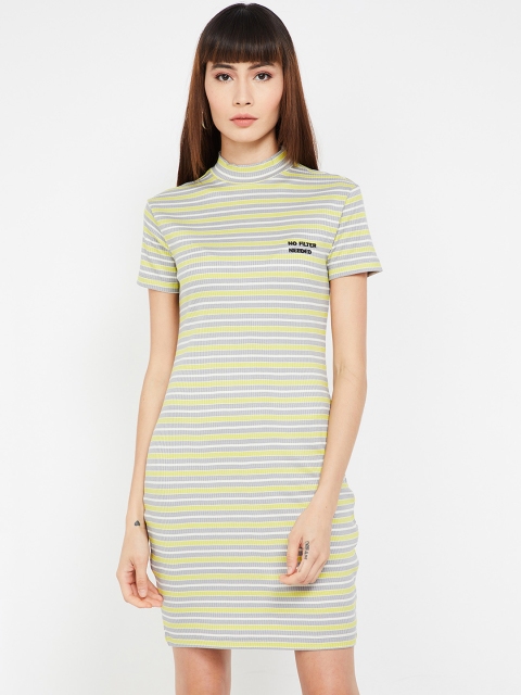 Ginger by Lifestyle Women Grey Melange & Yellow Striped T-shirt Dress