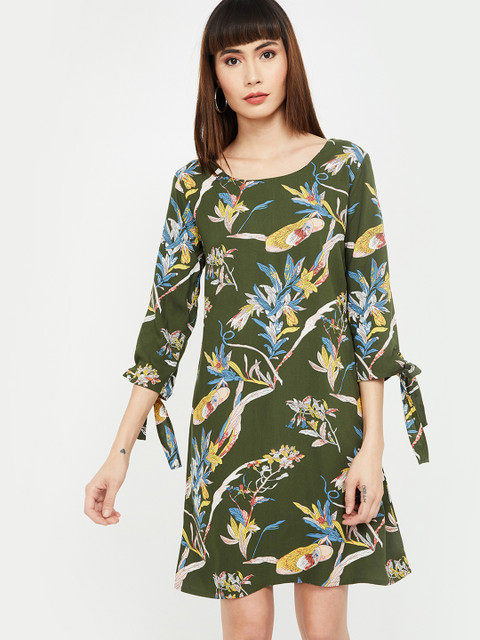 

Bossini Women Olive Green & White Floral Print A-Line Dress