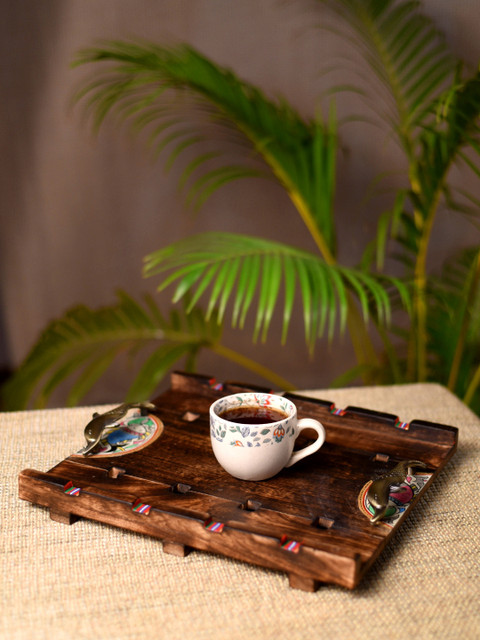 

Unravel India Brown Madhubani Handpainted Seesham Wood Serving Tray With Brass Handles