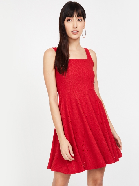 

Ginger by Lifestyle Women Red Schiffli Self Design Fit and Flare Dress